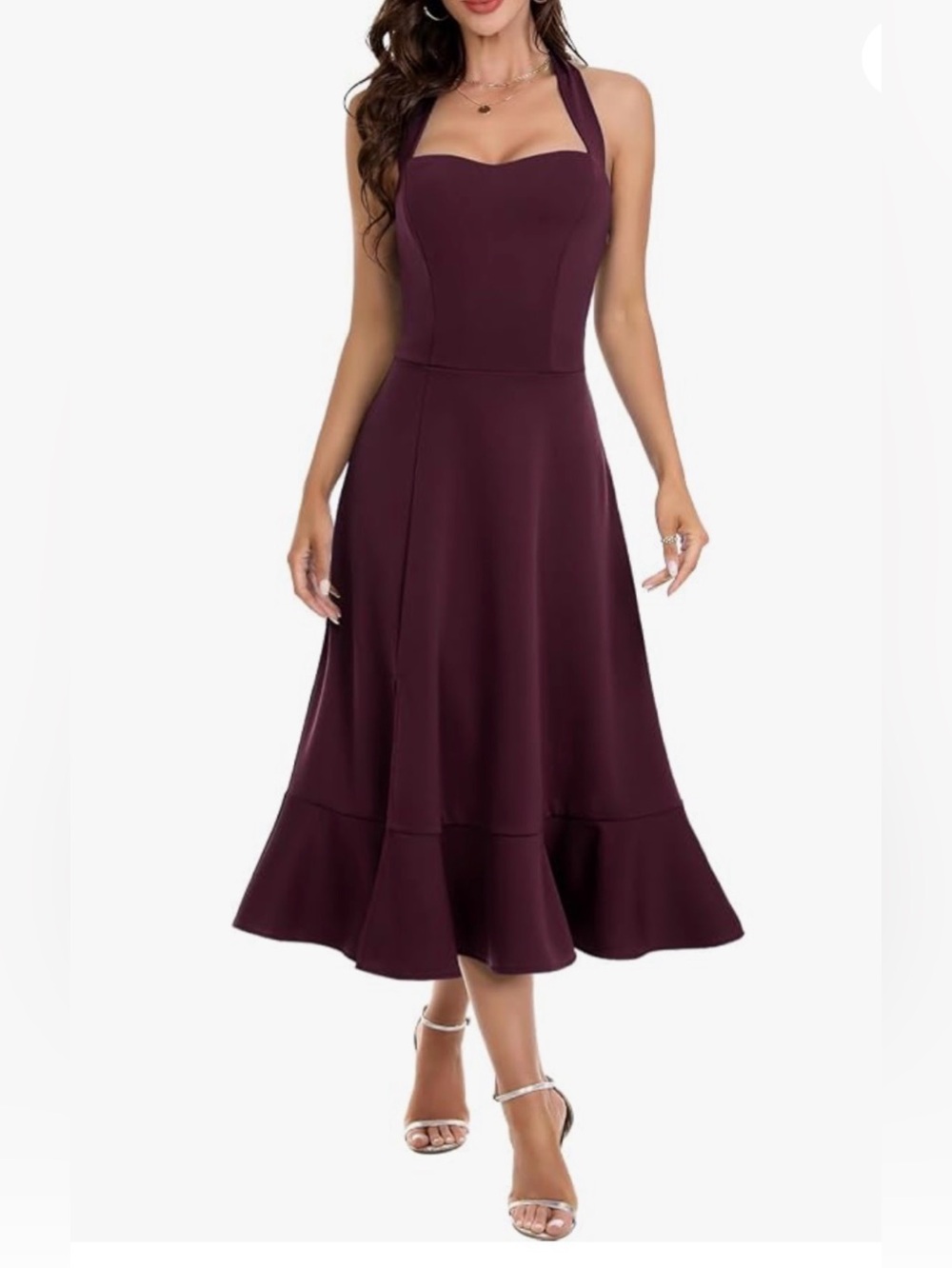 Burgundy Halter Neck Tea Length Split Ruffle Summer Dress #156